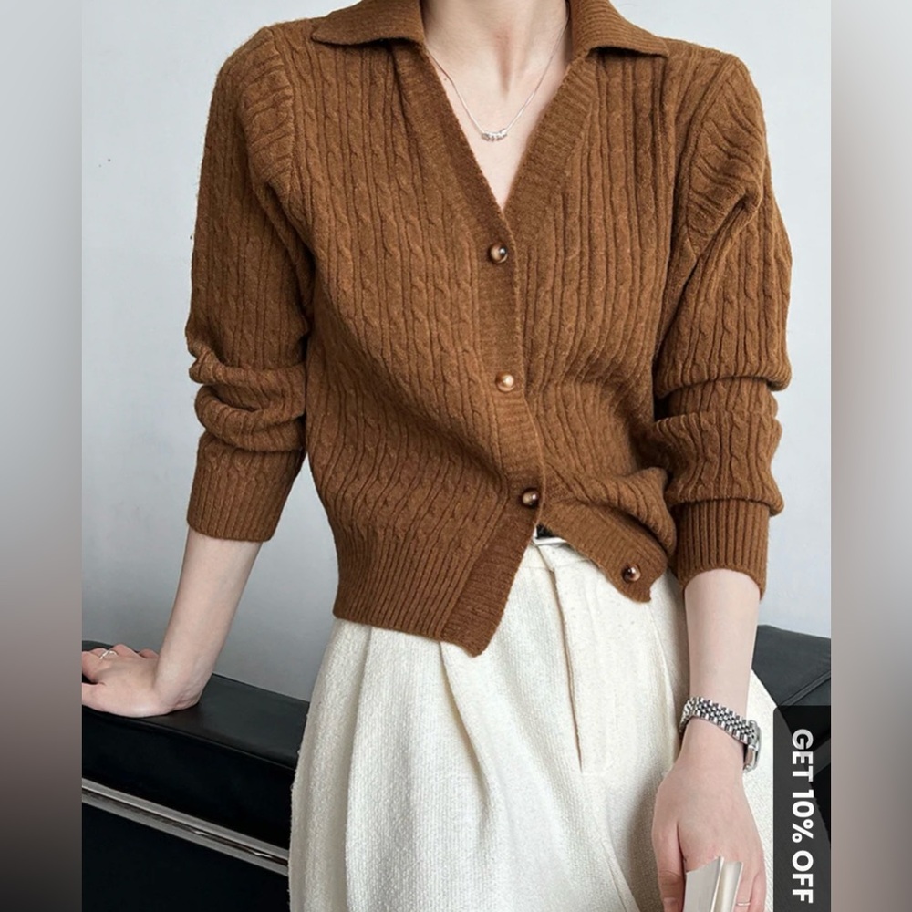 Brown Lapel Button Short Cardigan